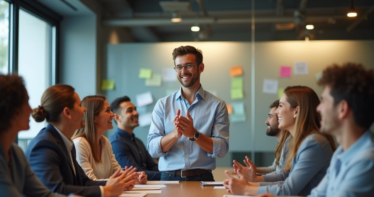 Líder motivando equipe comercial em reunião fluorescente 