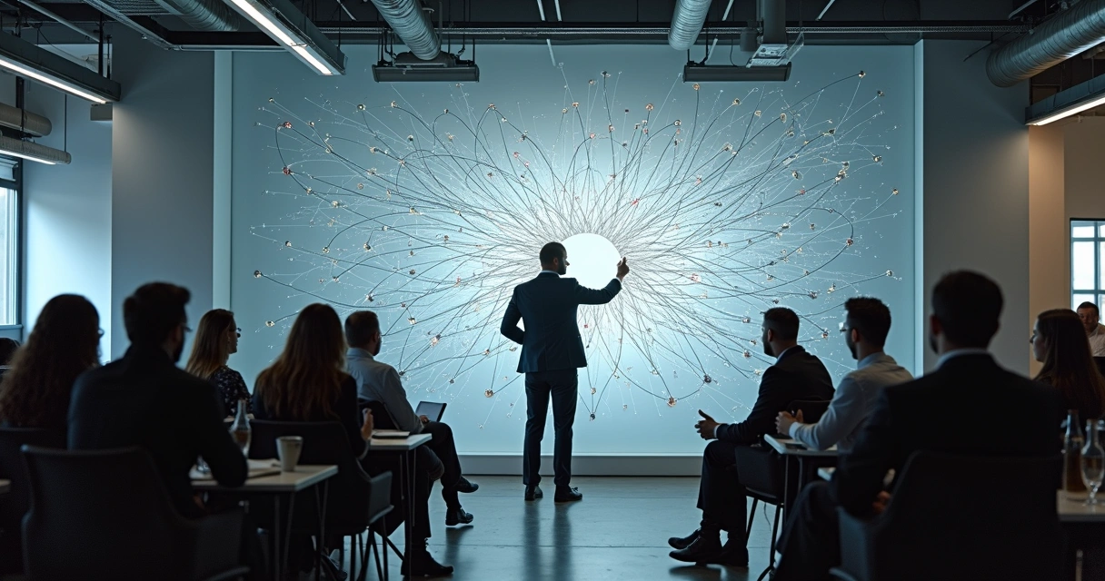 Líder indicando direção para equipe, representando mudança organizacional. 