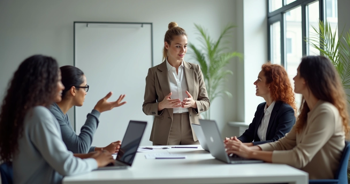 Mulher facilitadora conduz discussão com equipe em sala moderna