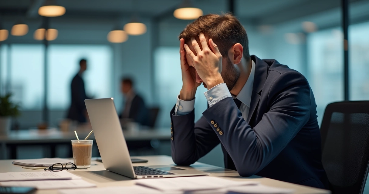Líder com expressão cansada sentado à mesa analisando documentos, ambiente de escritório.