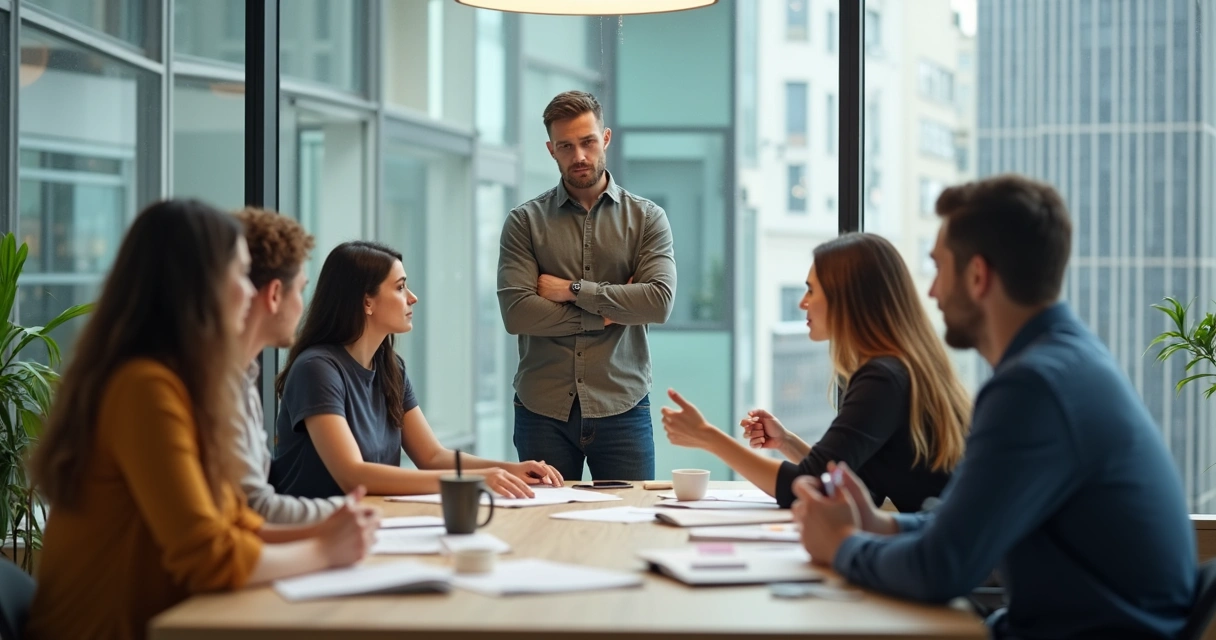 Líder pensativo rodeado de equipo colaborando en oficina moderna