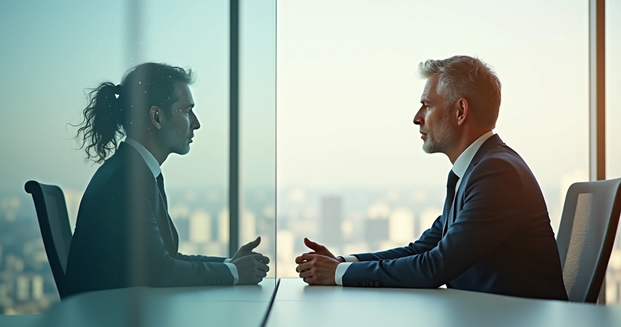 Líder reflexionando frente a dos siluetas internas en contraste 