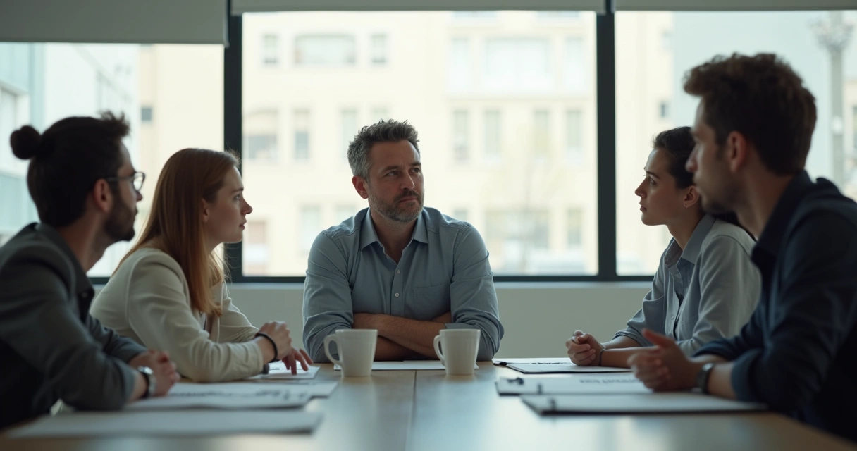 Líder sentado em reunião, evitando contato visual, enquanto equipe observa em silêncio. 