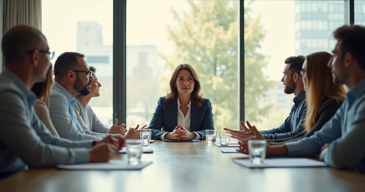 Líder profissional dialogando com a equipe em uma sala de reunião 
