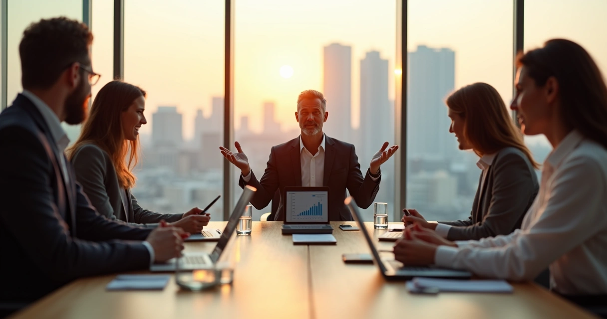 Líder em reunião negociando limites saudáveis com a equipe em uma sala de escritório moderna 