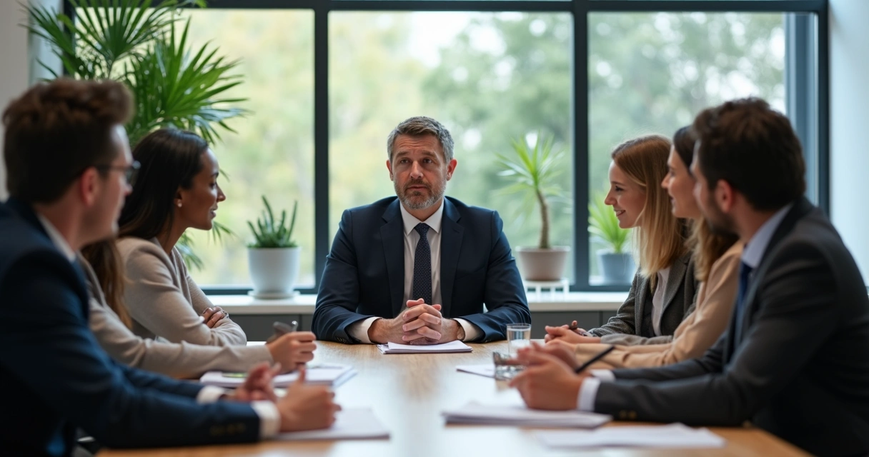 Ejecutivo escuchando a un equipo con atención en una sala de reuniones moderna. 