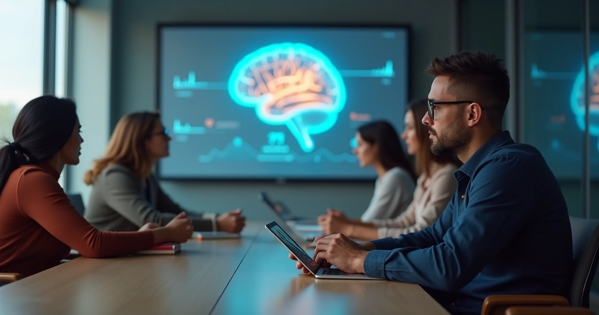 Líder observa equipe em roda com projeção de cérebro colorido ao fundo 