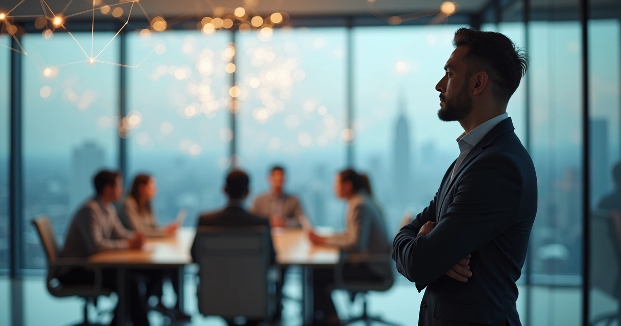 Líder observando un equipo de trabajo con conexiones simbólicas que representan patrones culturales ocultos 