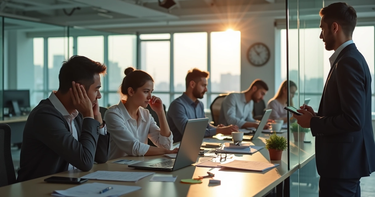 Gestor observando equipe mista em escritório percebendo sinais de sobrecarga emocional 