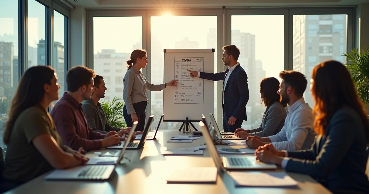 Líder de equipe facilitando dinâmica de OKR com colegas em escritório espanhol 