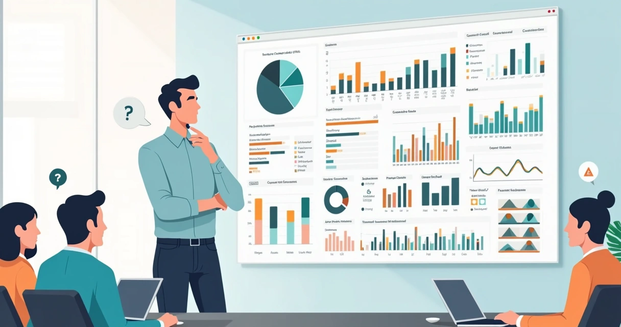 Líder analisa dashboard confuso repleto de gráficos desconexos 