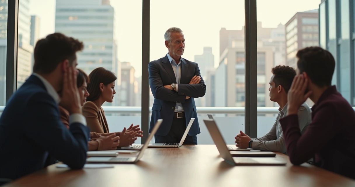 Líder observa equipe em escritório moderno com ambiente tenso e reflexivo 