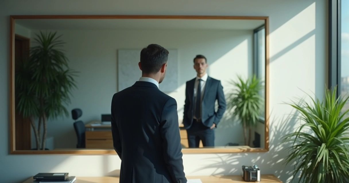 Líder em frente ao espelho em ambiente de trabalho 
