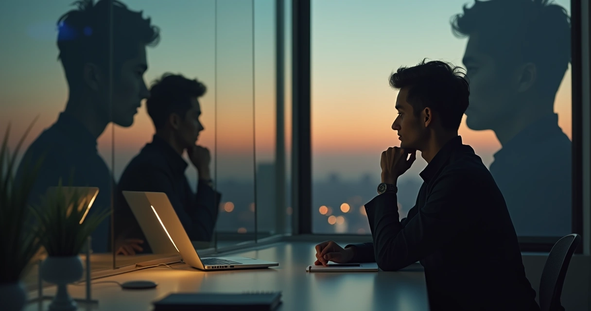 Líder olhando para espelho com sombra projetando padrões inconscientes 