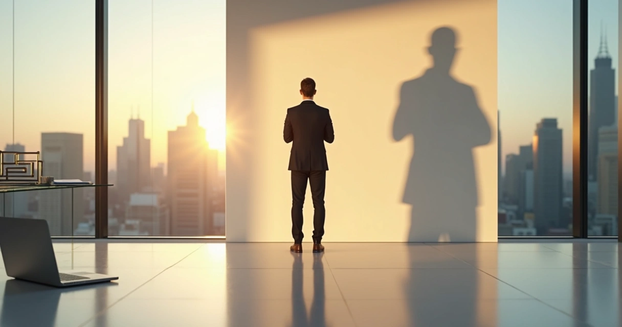 Líder em sala corporativa olhando para o próprio reflexo com sombra projetando figura de ego inflado 