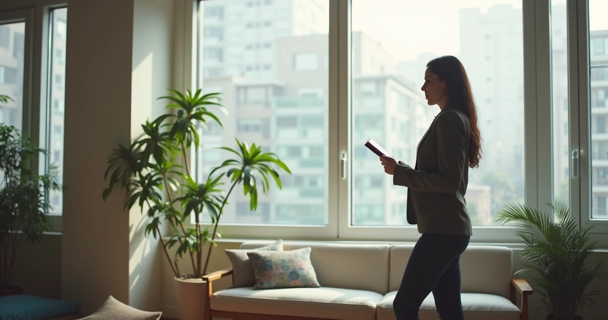 Líder refletindo diante de uma janela, ambiente iluminado e minimalista 