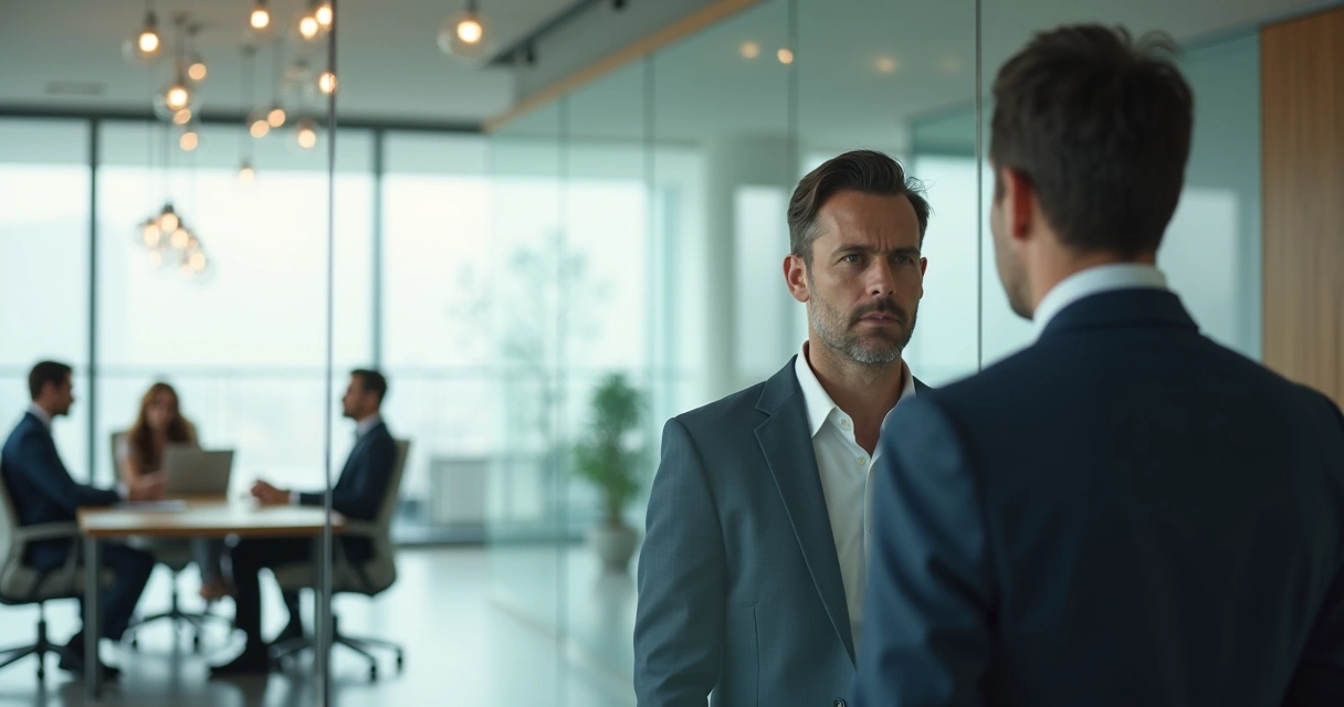 Líder em escritório olhando para o próprio reflexo em espelho com equipe desfocada ao fundo 