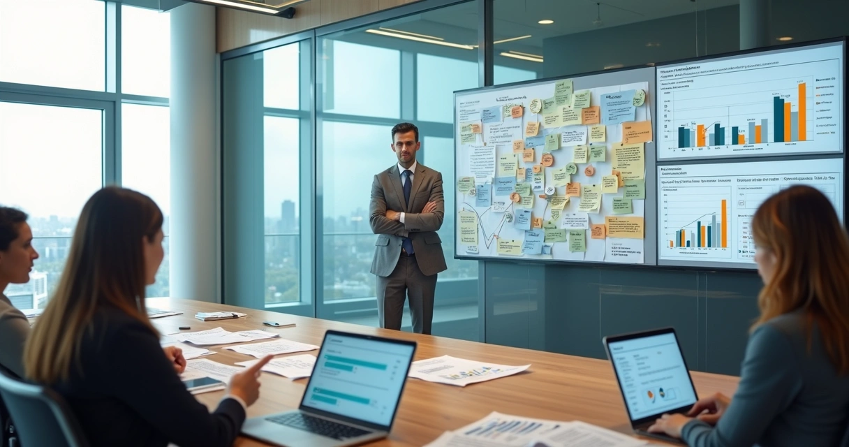 Executivo analisando painéis com processos desorganizados e gráficos de crescimento estagnado 