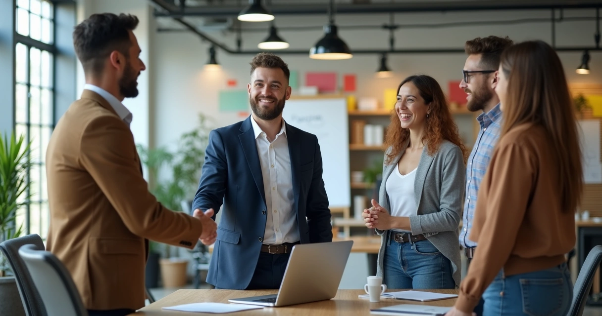 Líder sendo apresentado para equipe em um ambiente de escritório moderno. 