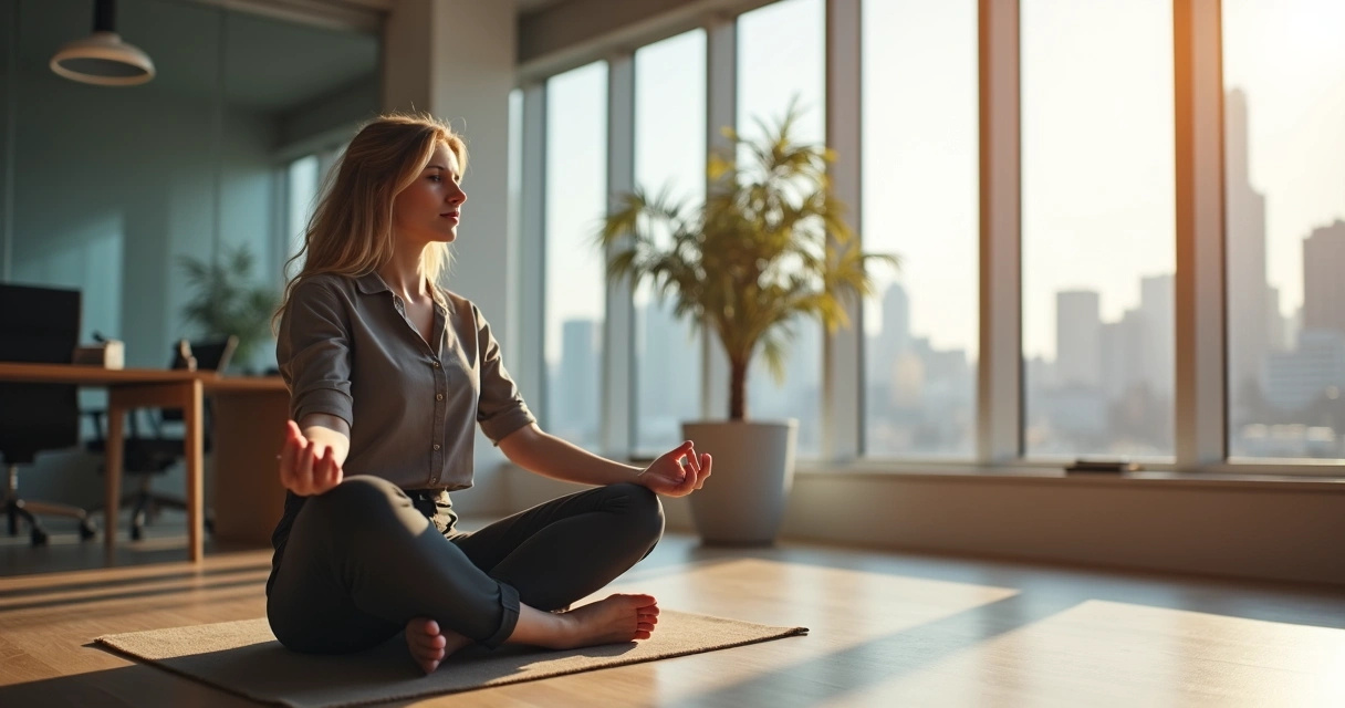 Novo líder em ambiente corporativo praticando meditação sentado em postura tranquila perto de janela com vista urbana 