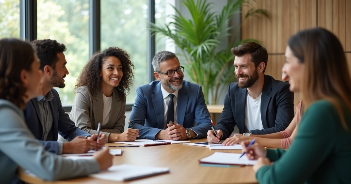 Novo líder sentado em reunião com equipe, trocando ideias e sorrindo 