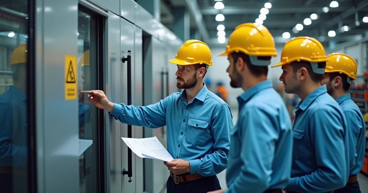 Líder de manutenção operando máquina com equipe atenta 