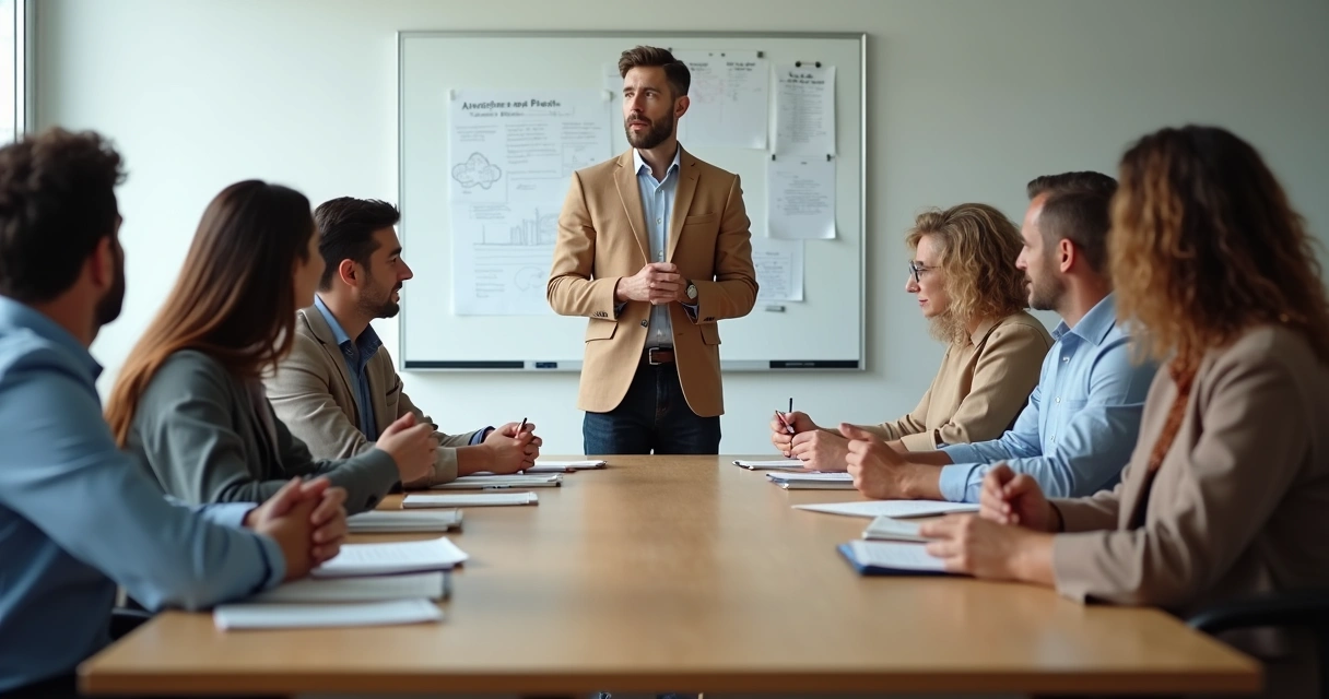 Grupo de pessoas ouvindo atentamente um líder em uma reunião