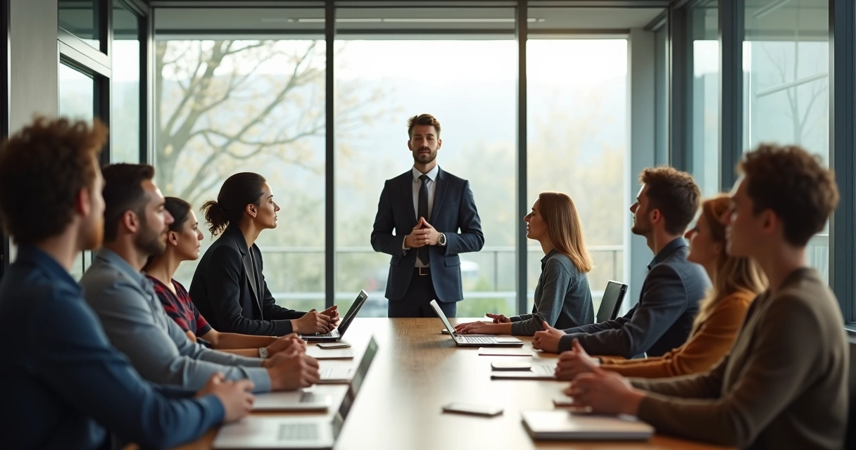 Líder em pé diante de equipe durante exercício de respiração consciente. 
