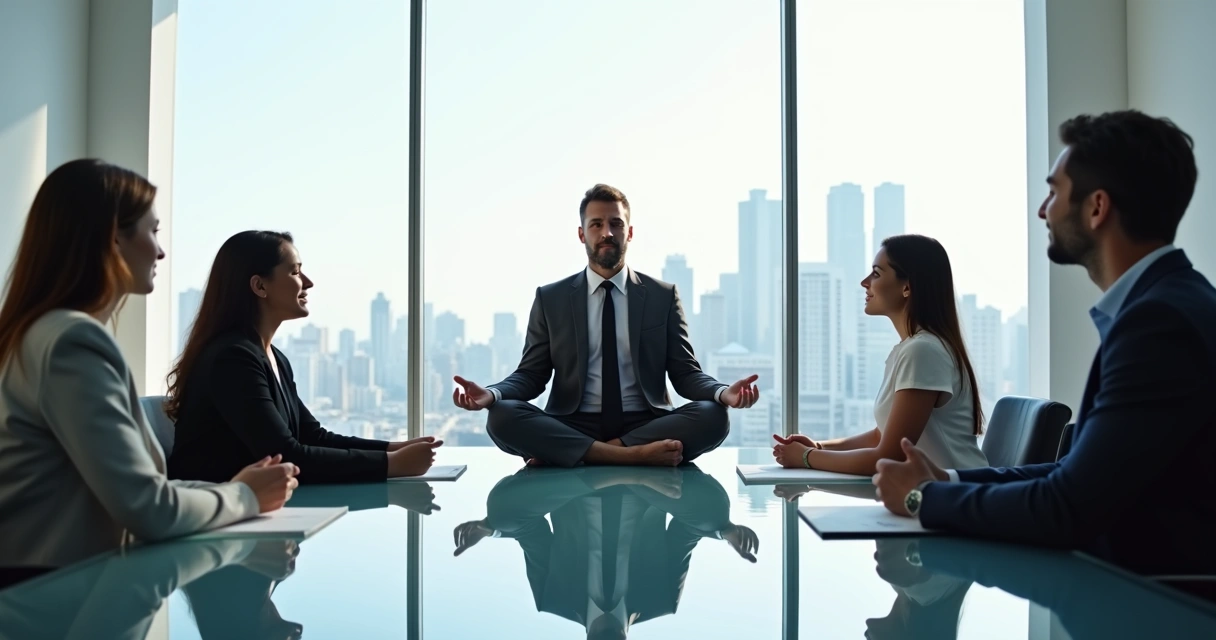 Líder organizacional meditando em sala de reunião