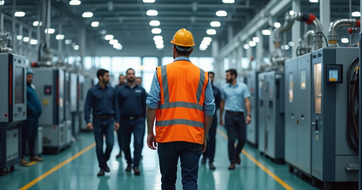 Líder com colete orientando grupo em ambiente industrial moderno 