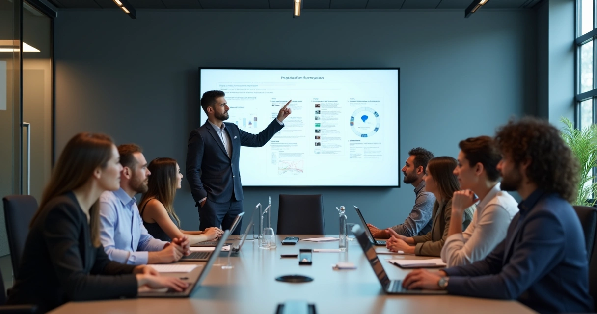 Líder orientando equipe diversa em sala de reunião moderna. 