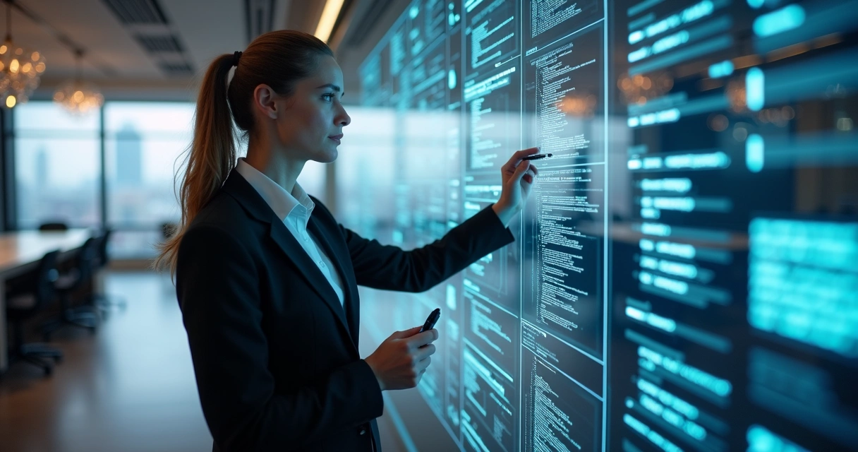 Gestor orientando IA em painéis digitais no escritório. 