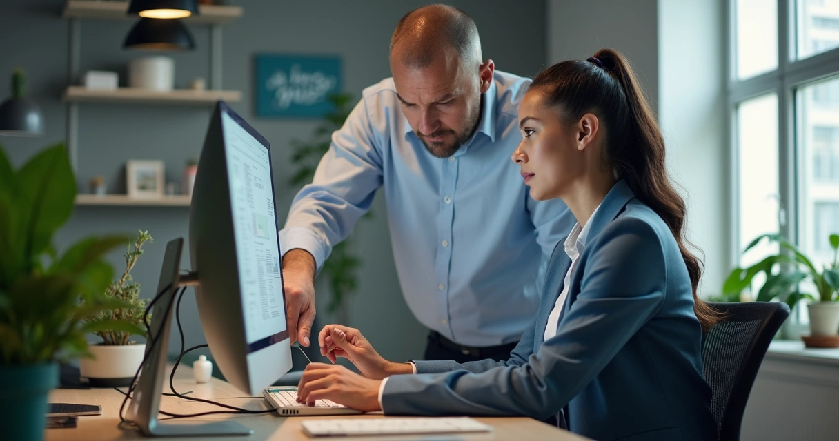 Líder orientando profissional em workstation. 