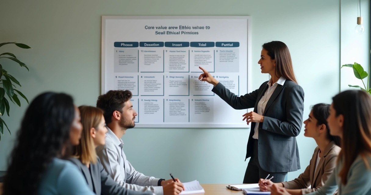 Líder orientando equipe com cartaz de valores éticos ao fundo 