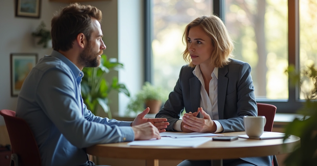 Gestor ouvindo colaborador em conversa individual, sala iluminada e ambiente acolhedor. 