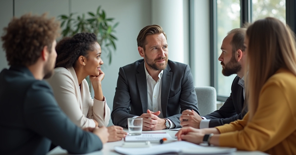 Líder escutando equipe em uma reunião informal 