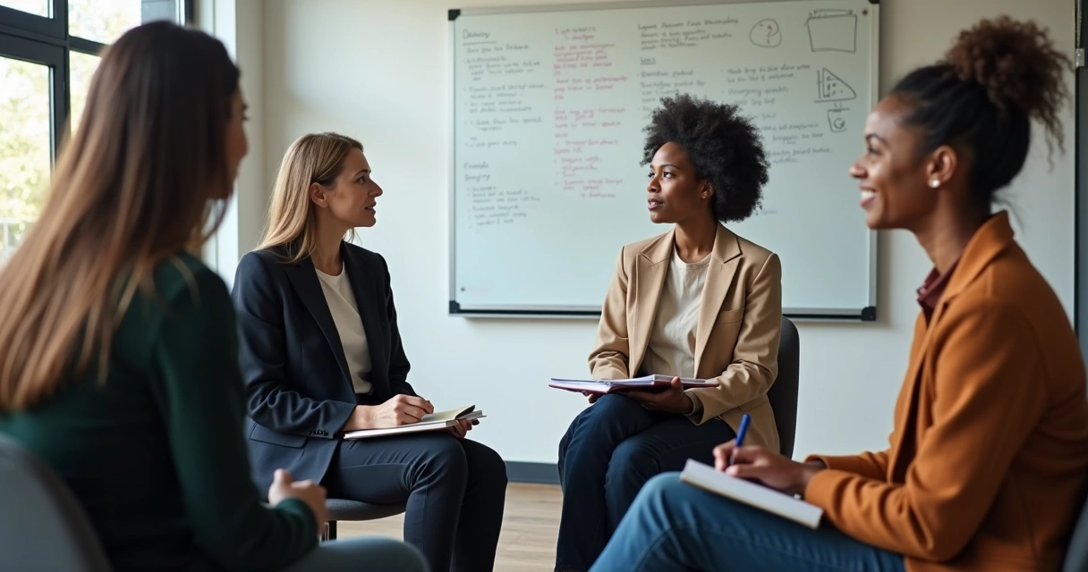 Líder sentado em círculo ouvindo sua equipe 