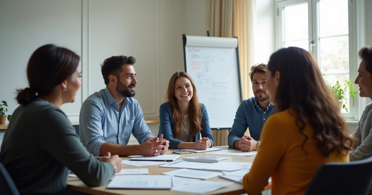 Líder ouvindo equipe em reunião informal 