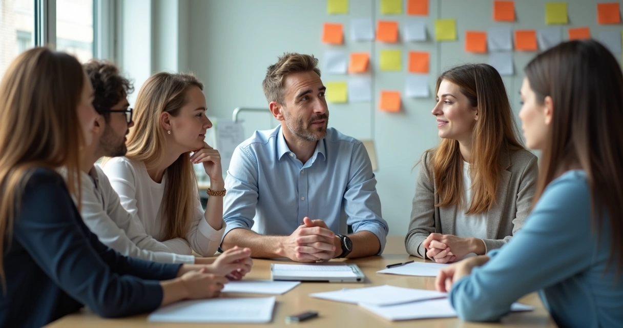 Líder ouvindo atentamente sua equipe durante reunião 
