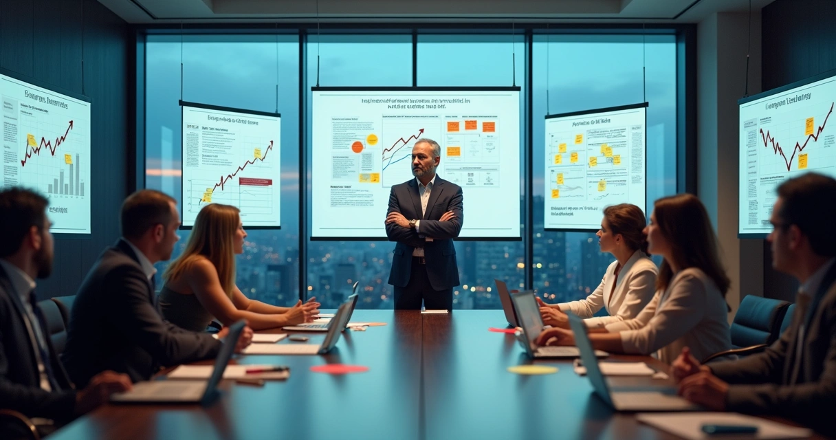 Líder confuso observando painéis de metas desalinhados ao redor da equipe 