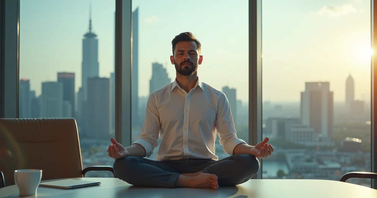 Líder em posição de meditação na sala de reuniões, luz suave, ambiente tranquilo, cadeira vazia ao lado, expressão serena, cenário corporativo 