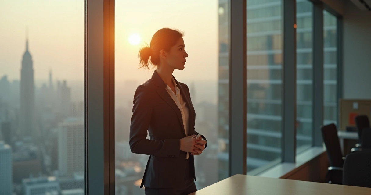 Líder fazendo pausa de mindfulness olhando pela janela de escritório 