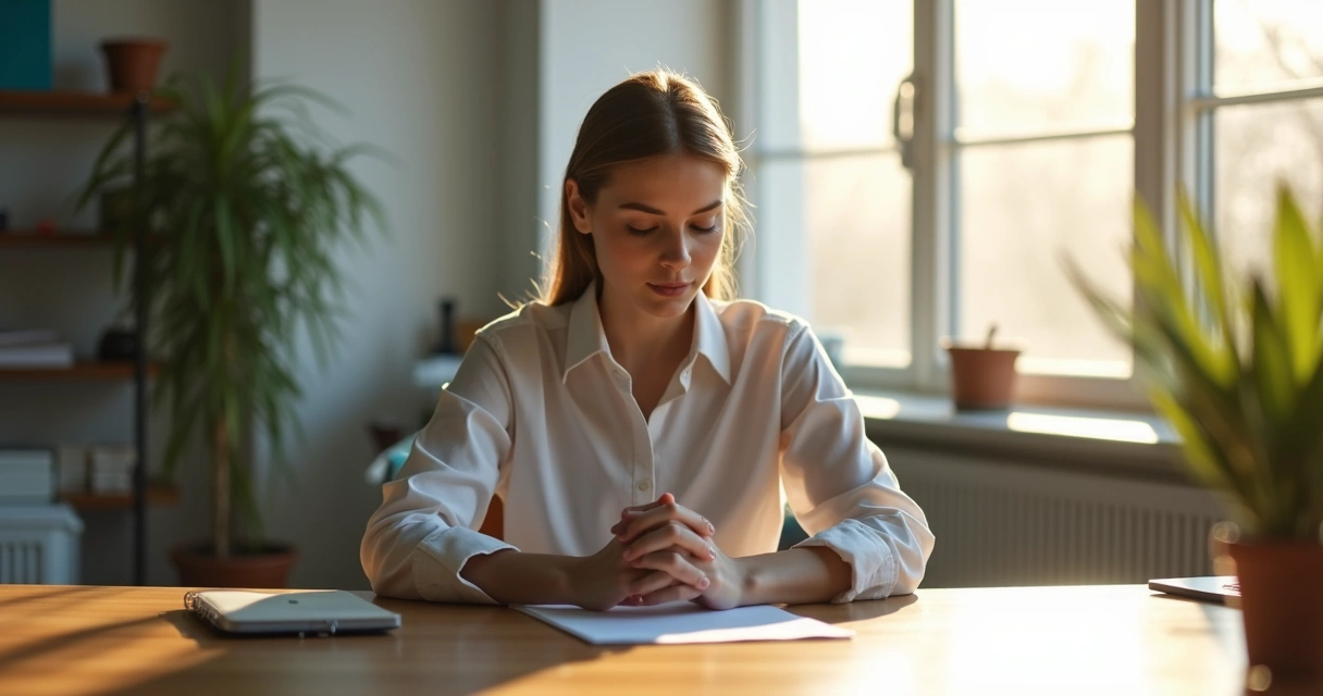 Profissional sentado à mesa de trabalho em pausa para reflexão 