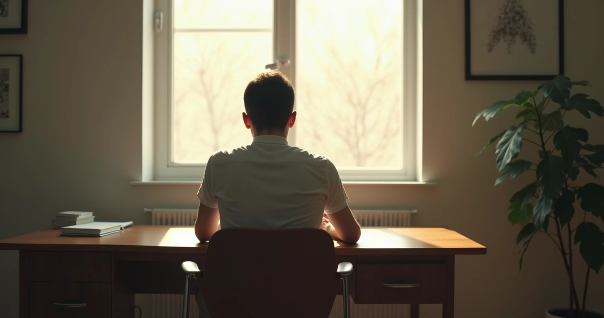 Pessoa sentada à mesa, mãos juntas, expressão pensativa, olhando para uma janela iluminada 