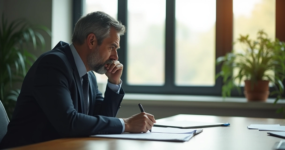 Líder pensativo sentado à mesa com luz suave e papéis sobre decisões 