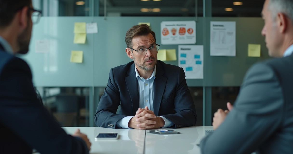 Pessoa sentada em sala de reunião, com olhar atento e expressão pensativa, diante de quadro com gráficos e anotações de crise. 