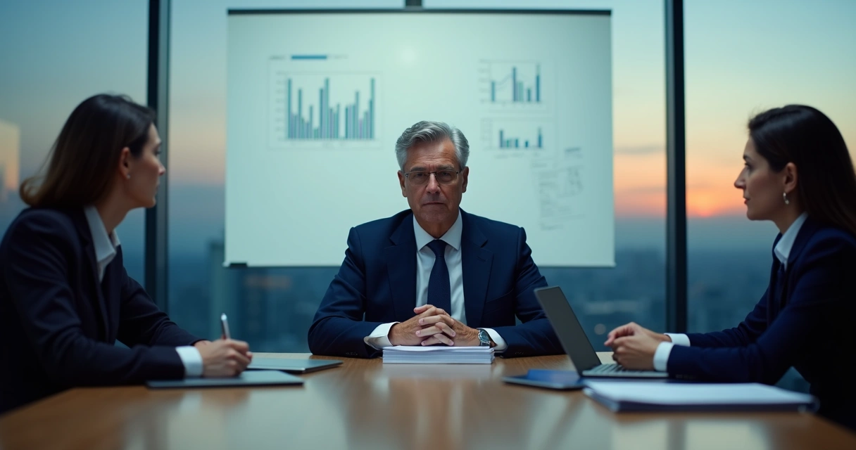 Líder perfeccionista en sala de reuniones mostrando tensión interior mientras mantiene una imagen de control 