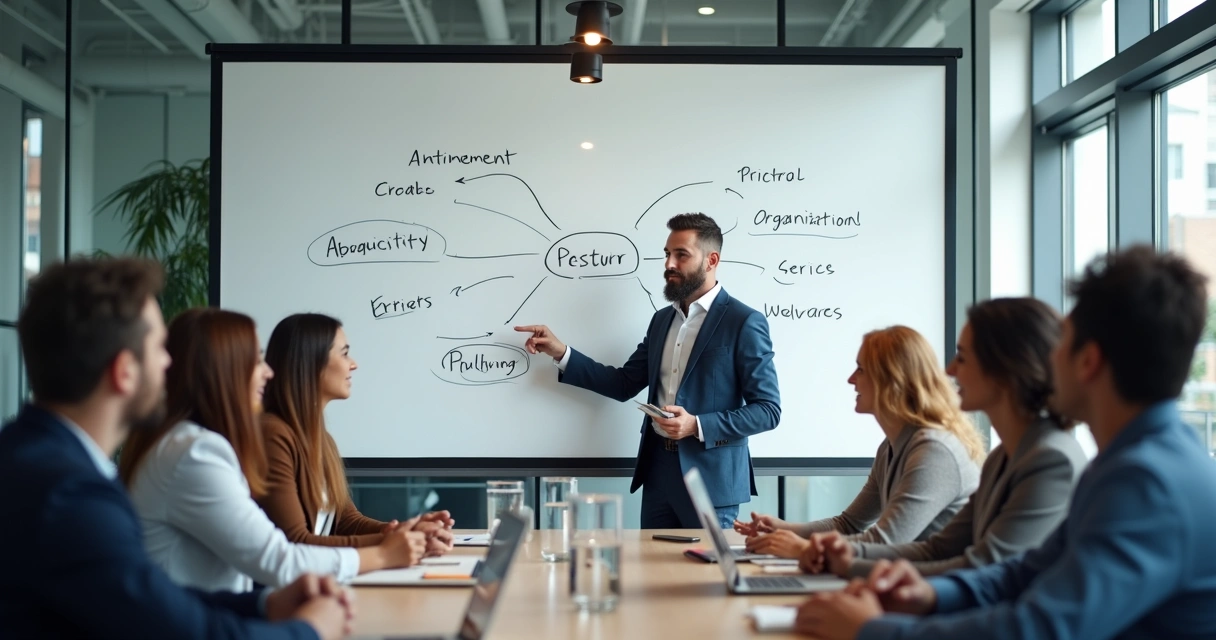 Líder guiando equipe diversificada em direção a um objetivo comum, quadro branco ao fundo 
