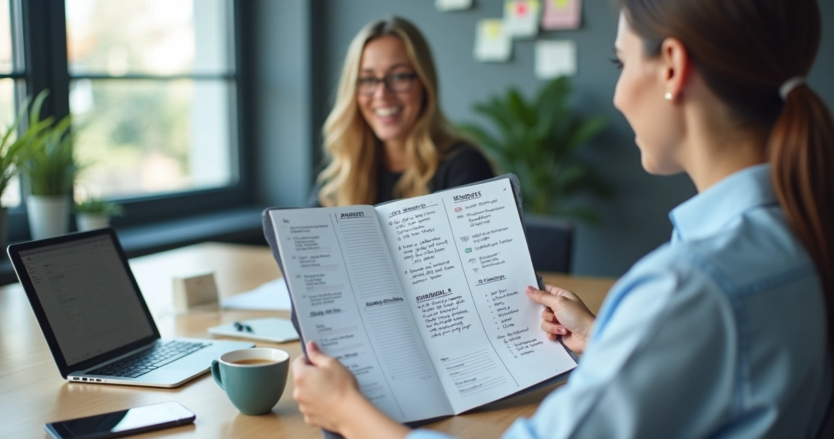 Profissional revisando metas de carreira em mesa de trabalho 