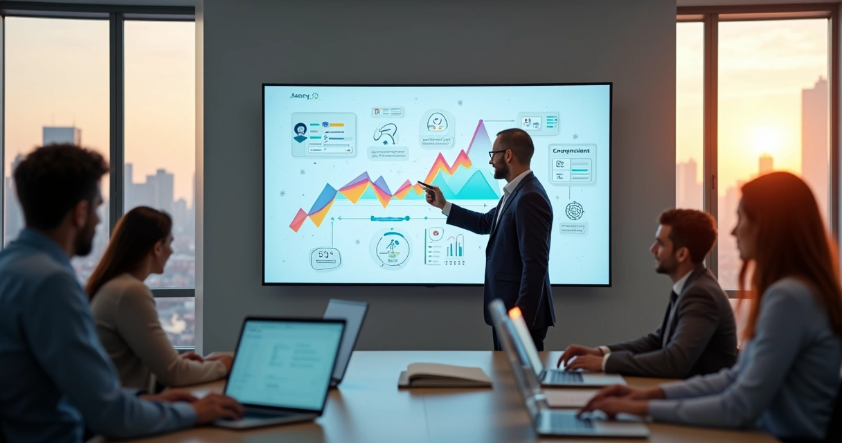 Líder analisando ferramentas digitais para gestão de carreira em tela grande 